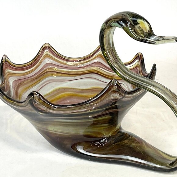 Murano VTG Sonner Swirl of colors Style Hand Blown Art Glass Swan Bowl Dish. - Picture 1 of 9